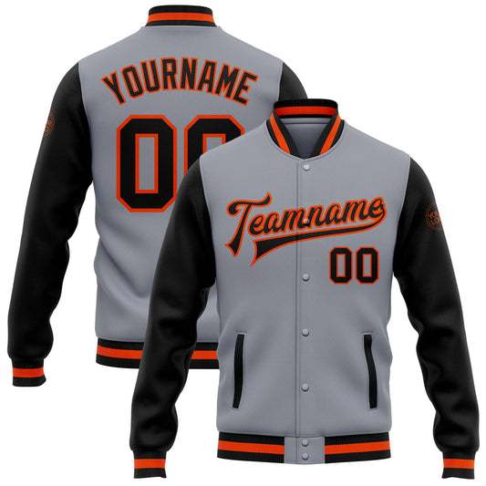 Custom Gray Black-Orange Bomber Full-Snap Varsity Letterman Two Tone Jacket - Main View