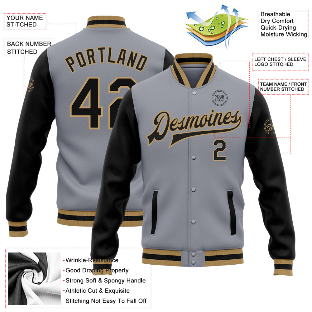 Custom Gray Black-Old Gold Bomber Full-Snap Varsity Letterman Two Tone Jacket view 5