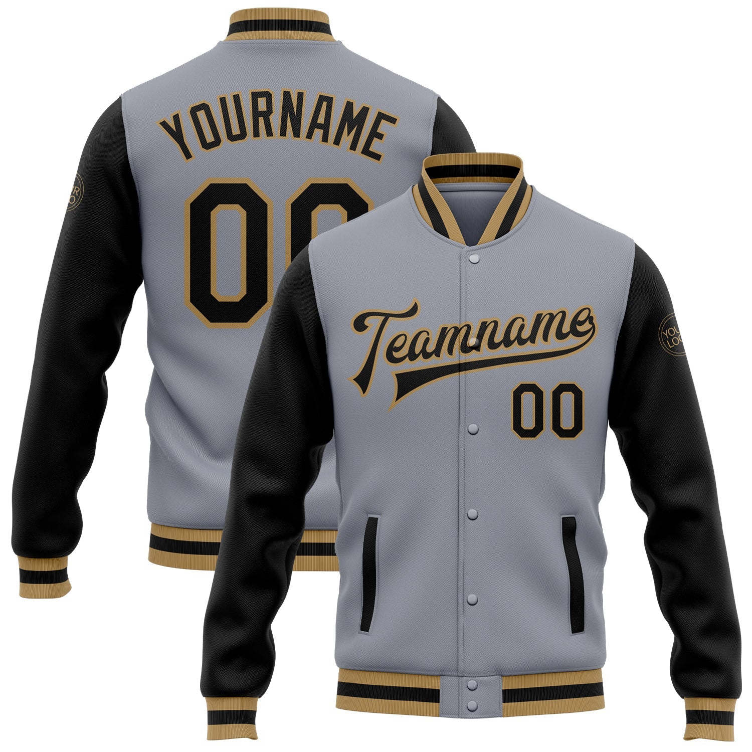 Custom Gray Black-Old Gold Bomber Full-Snap Varsity Letterman Two Tone Jacket - Main View