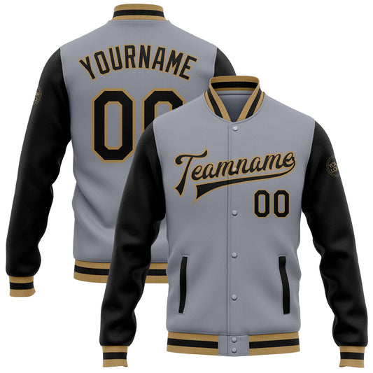 Custom Gray Black-Old Gold Bomber Full-Snap Varsity Letterman Two Tone Jacket - Main View