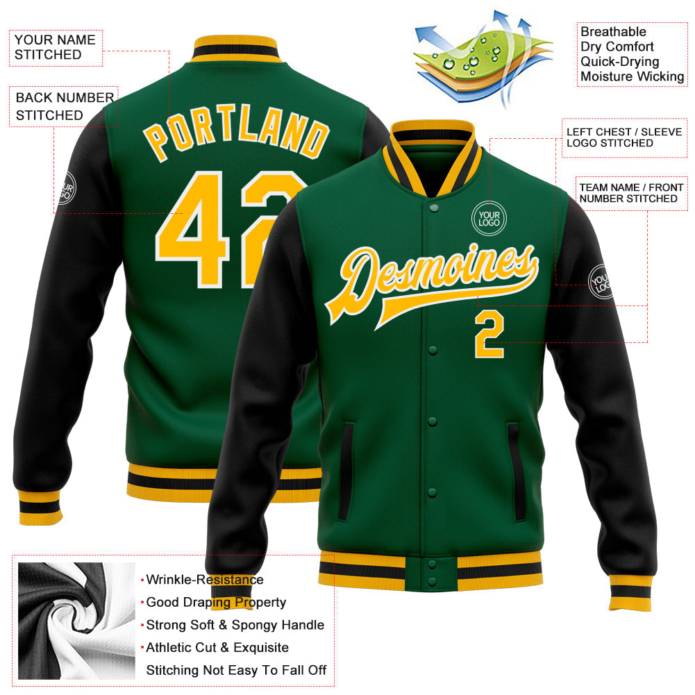 Custom Kelly Green Gold-White Bomber Full-Snap Varsity Letterman Two Tone Jacket view 5