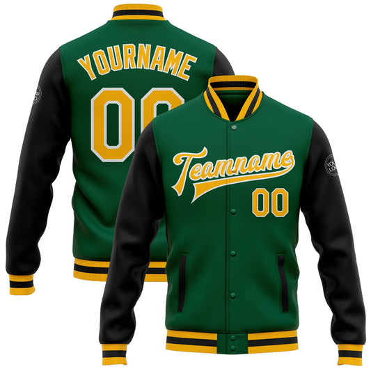 Custom Kelly Green Gold-White Bomber Full-Snap Varsity Letterman Two Tone Jacket - Main View