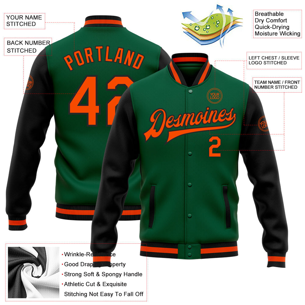Custom Kelly Green Orange-Black Bomber Full-Snap Varsity Letterman Two Tone Jacket view 5