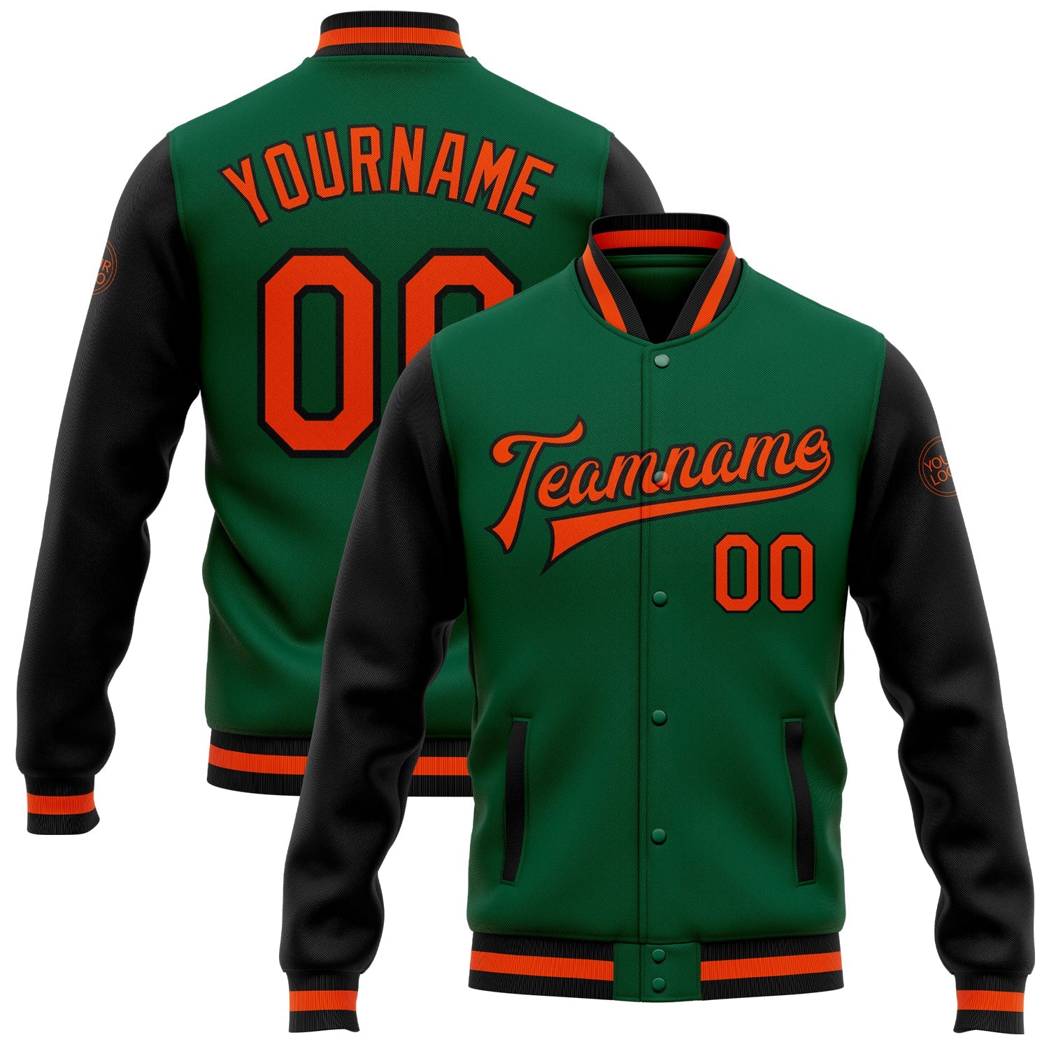 Custom Kelly Green Orange-Black Bomber Full-Snap Varsity Letterman Two Tone Jacket - Main View