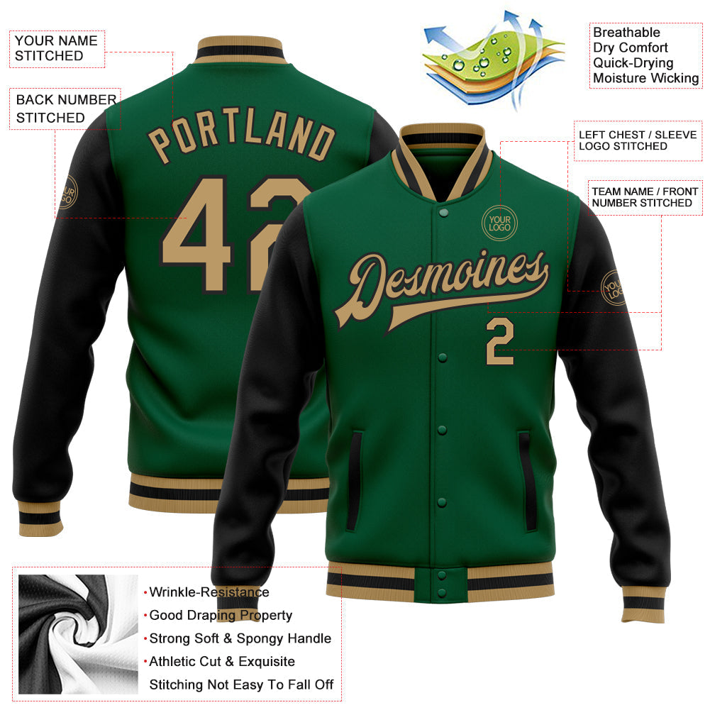Custom Kelly Green Old Gold-Black Bomber Full-Snap Varsity Letterman Two Tone Jacket view 5