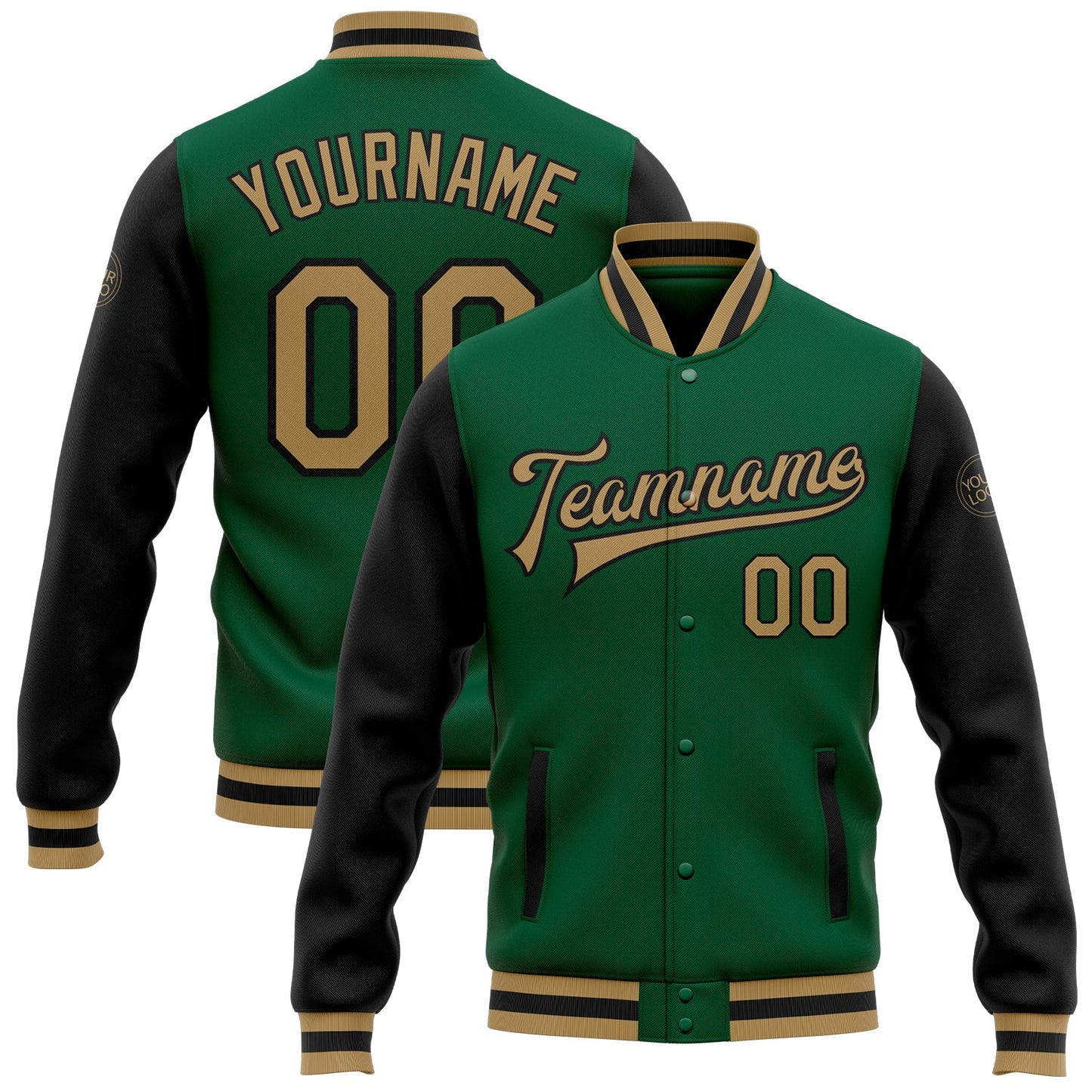 Custom Kelly Green Old Gold-Black Bomber Full-Snap Varsity Letterman Two Tone Jacket - Main View