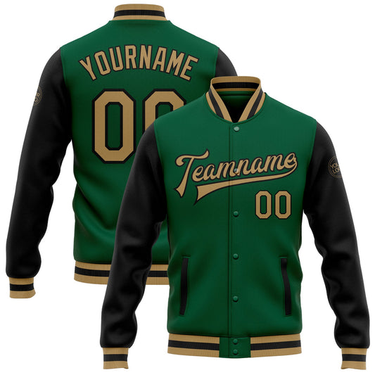 Custom Kelly Green Old Gold-Black Bomber Full-Snap Varsity Letterman Two Tone Jacket - Main View
