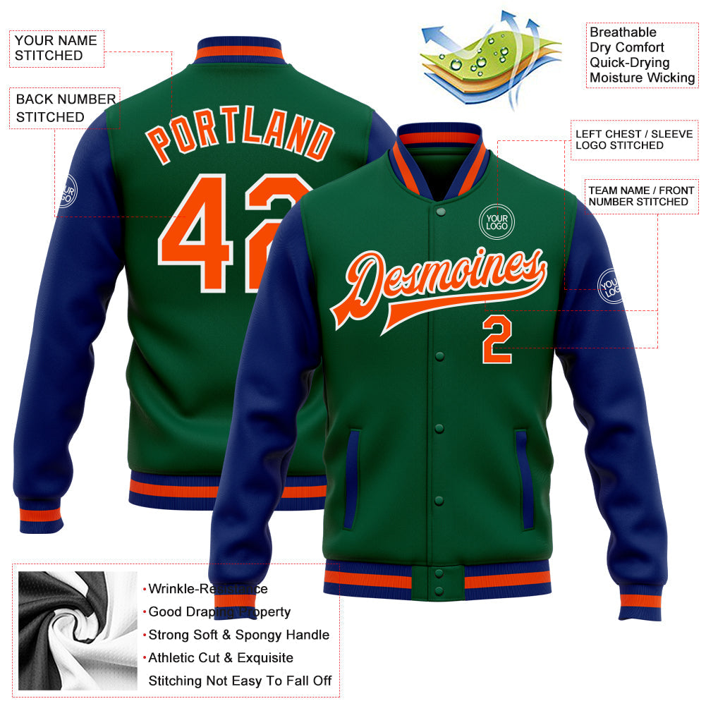 Custom Kelly Green Orange-Royal Bomber Full-Snap Varsity Letterman Two Tone Jacket view 5
