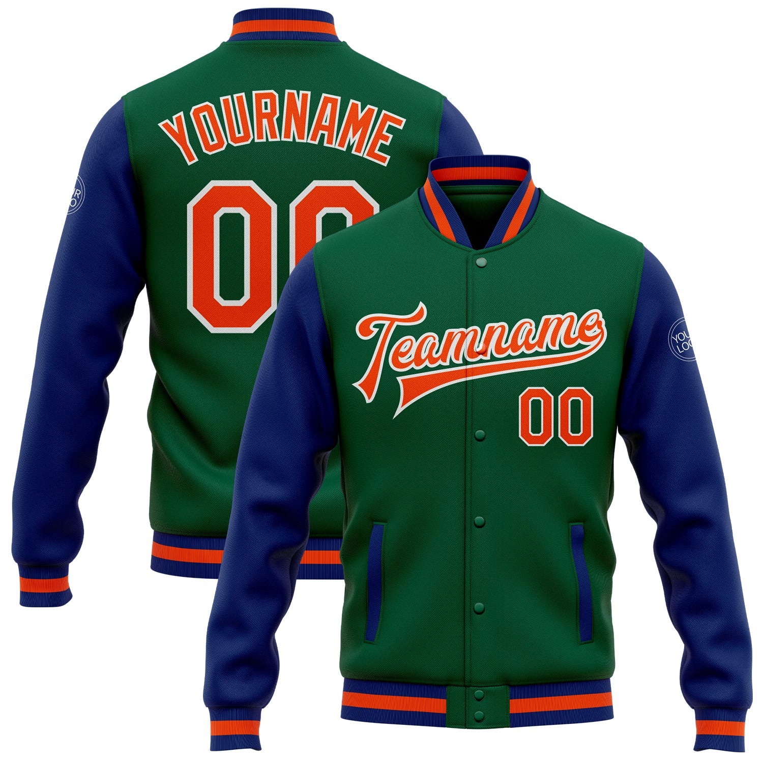 Custom Kelly Green Orange-Royal Bomber Full-Snap Varsity Letterman Two Tone Jacket - Main View
