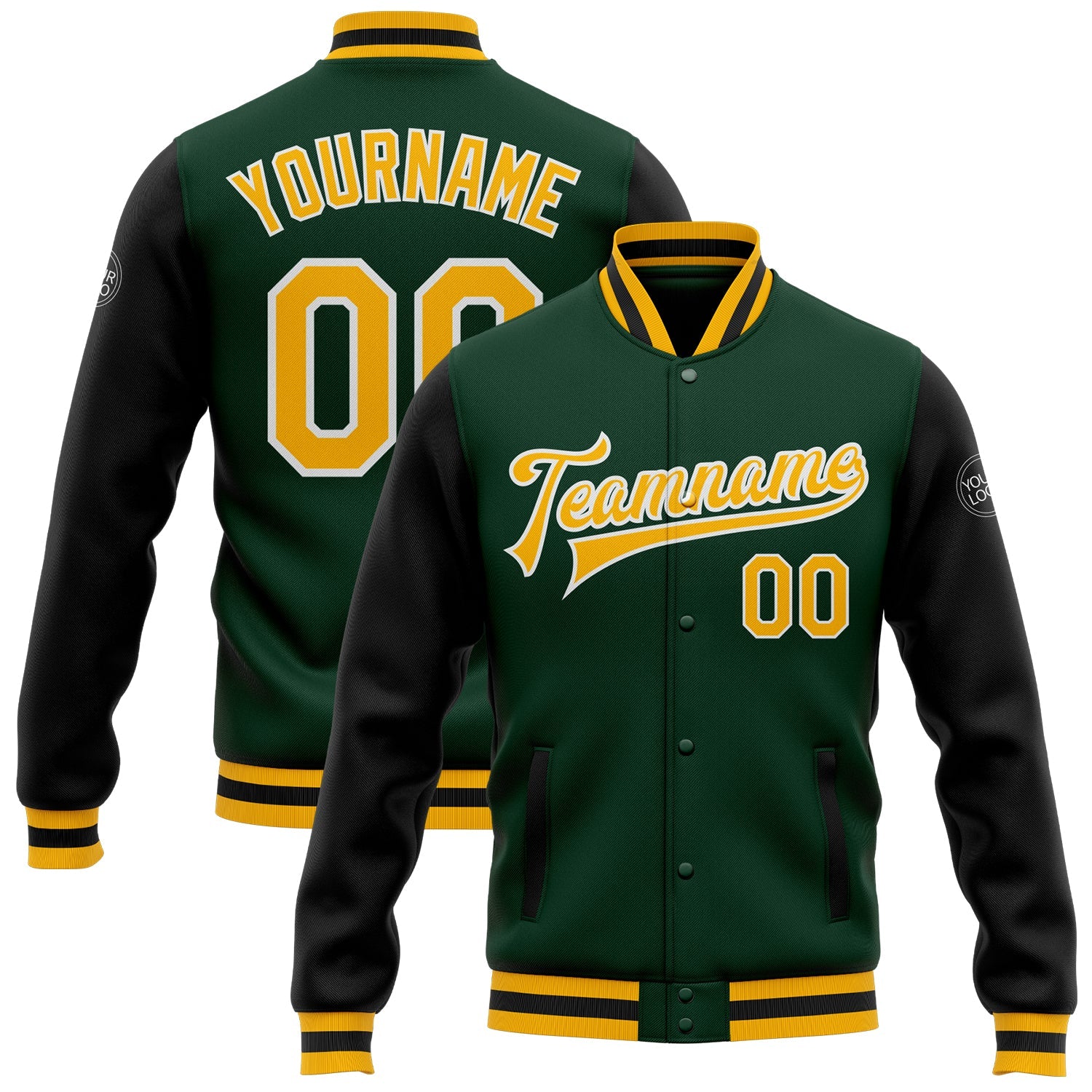 Custom Green Gold-Black Bomber Full-Snap Varsity Letterman Two Tone Jacket - Main View