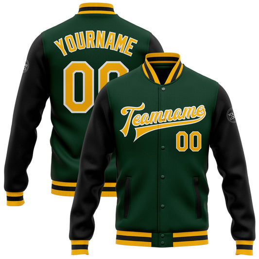 Custom Green Gold-Black Bomber Full-Snap Varsity Letterman Two Tone Jacket - Main View