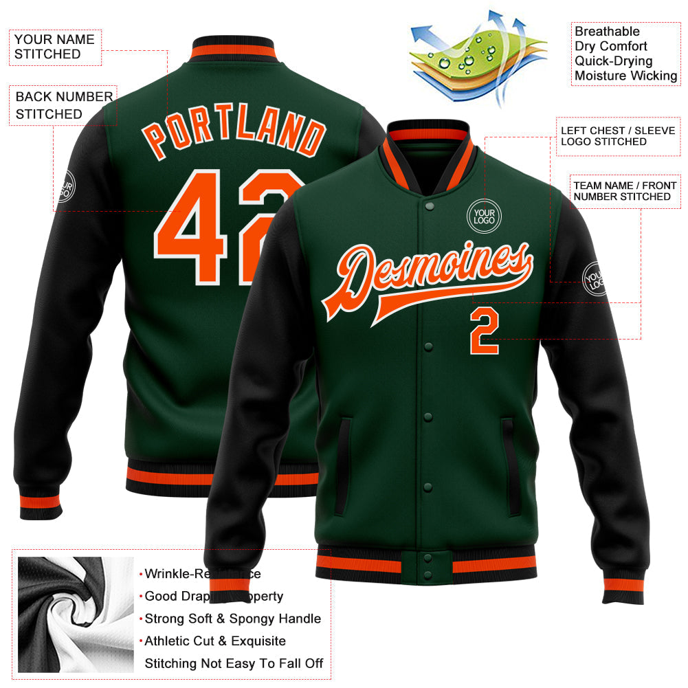 Custom Green Orange-Black Bomber Full-Snap Varsity Letterman Two Tone Jacket view 5