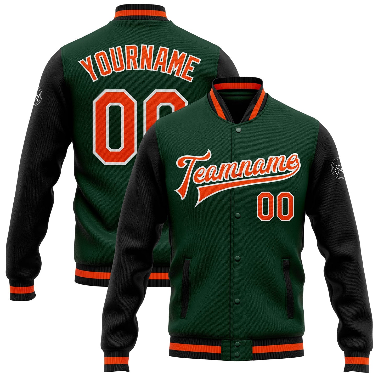 Custom Green Orange-Black Bomber Full-Snap Varsity Letterman Two Tone Jacket - Main View