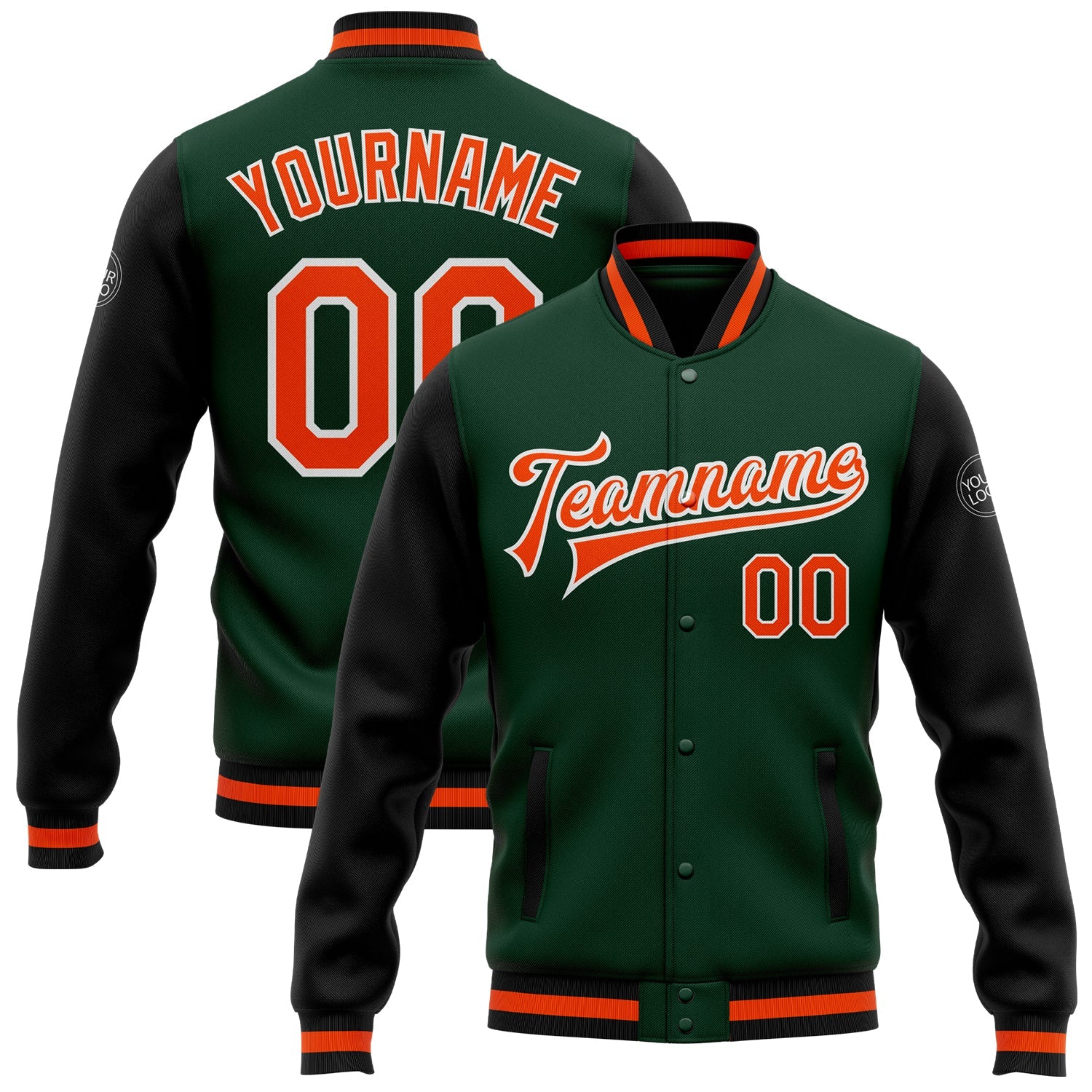 Custom Green Orange-Black Bomber Full-Snap Varsity Letterman Two Tone Jacket - Main View