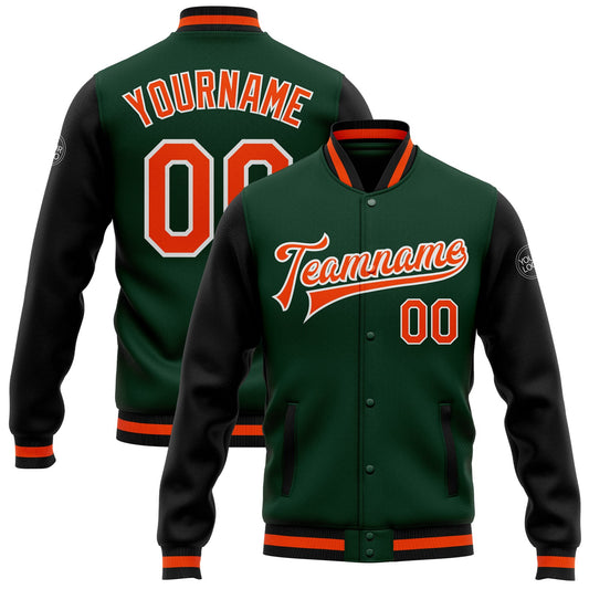 Custom Green Orange-Black Bomber Full-Snap Varsity Letterman Two Tone Jacket - Main View