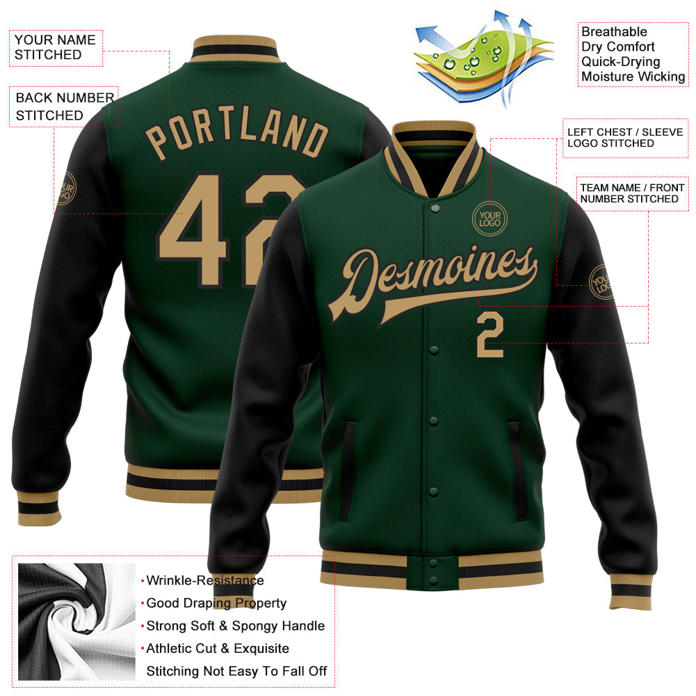 Custom Green Old Gold-Black Bomber Full-Snap Varsity Letterman Two Tone Jacket view 5