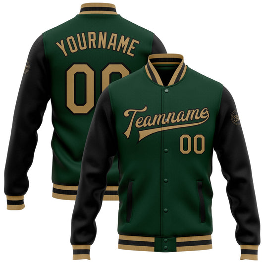 Custom Green Old Gold-Black Bomber Full-Snap Varsity Letterman Two Tone Jacket - Main View