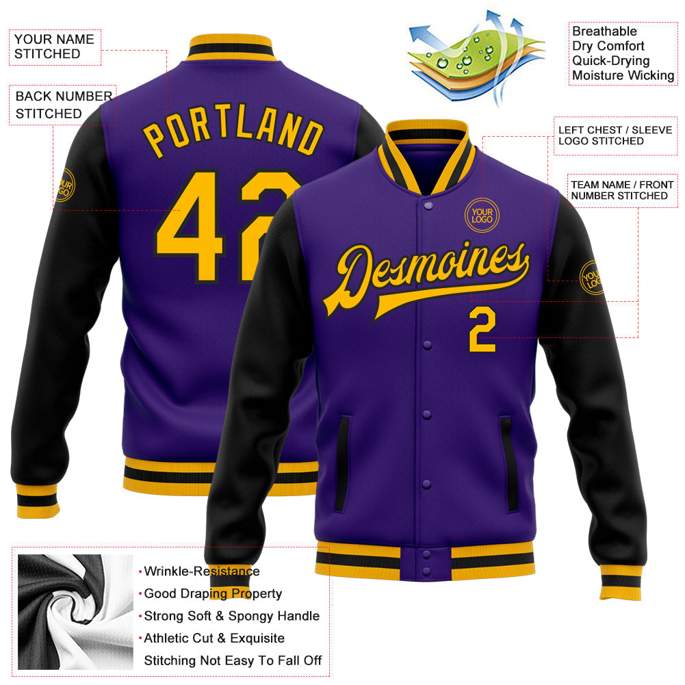 Custom Purple Gold-Black Bomber Full-Snap Varsity Letterman Two Tone Jacket view 5