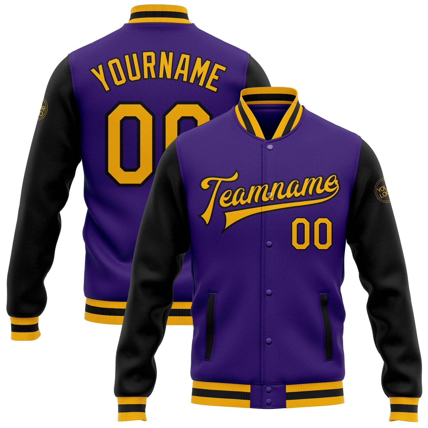 Custom Purple Gold-Black Bomber Full-Snap Varsity Letterman Two Tone Jacket - Main View