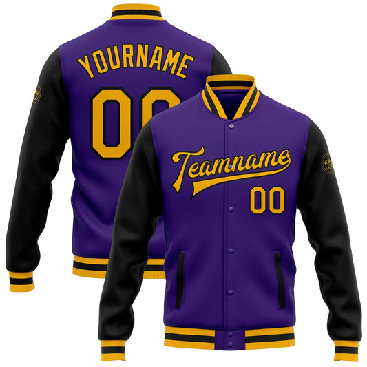 Custom Purple Gold-Black Bomber Full-Snap Varsity Letterman Two Tone Jacket - Main View