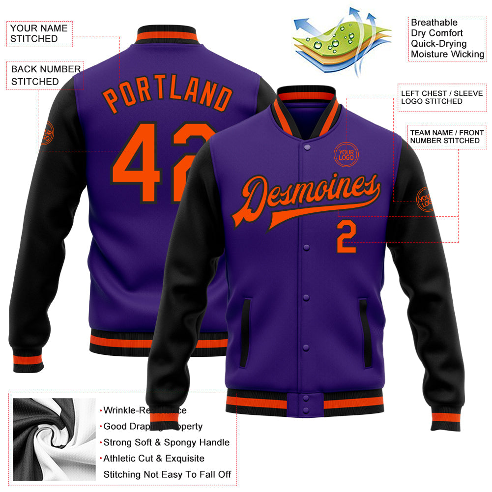 Custom Purple Orange-Black Bomber Full-Snap Varsity Letterman Two Tone Jacket view 5
