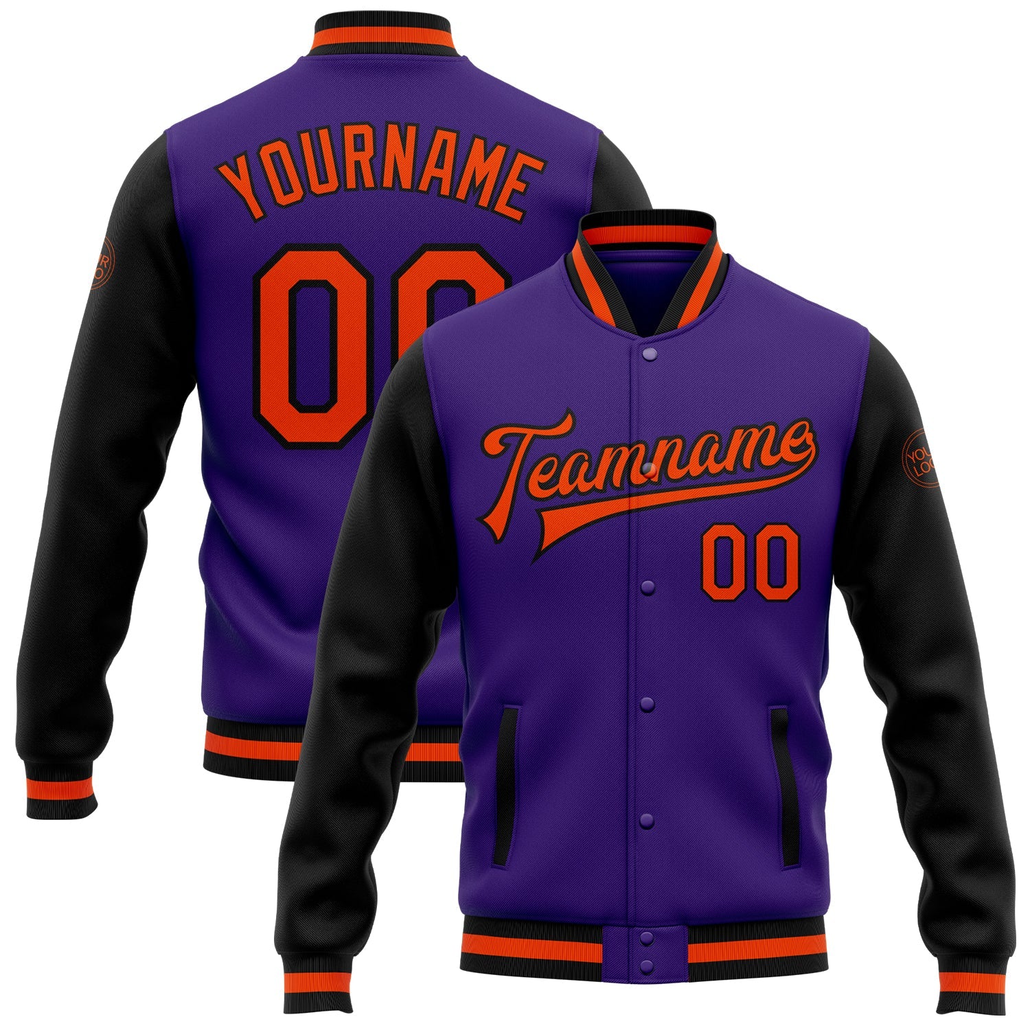 Custom Purple Orange-Black Bomber Full-Snap Varsity Letterman Two Tone Jacket - Main View