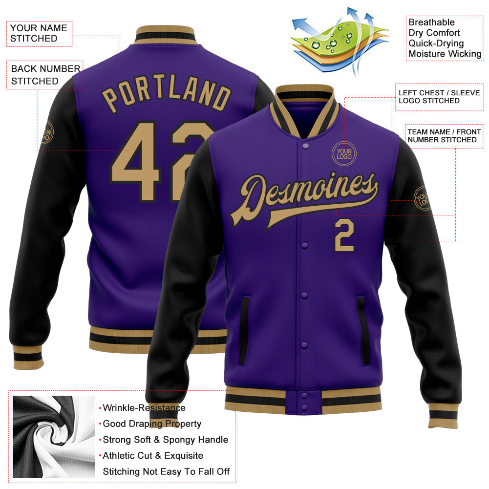 Custom Purple Old Gold-Black Bomber Full-Snap Varsity Letterman Two Tone Jacket view 5