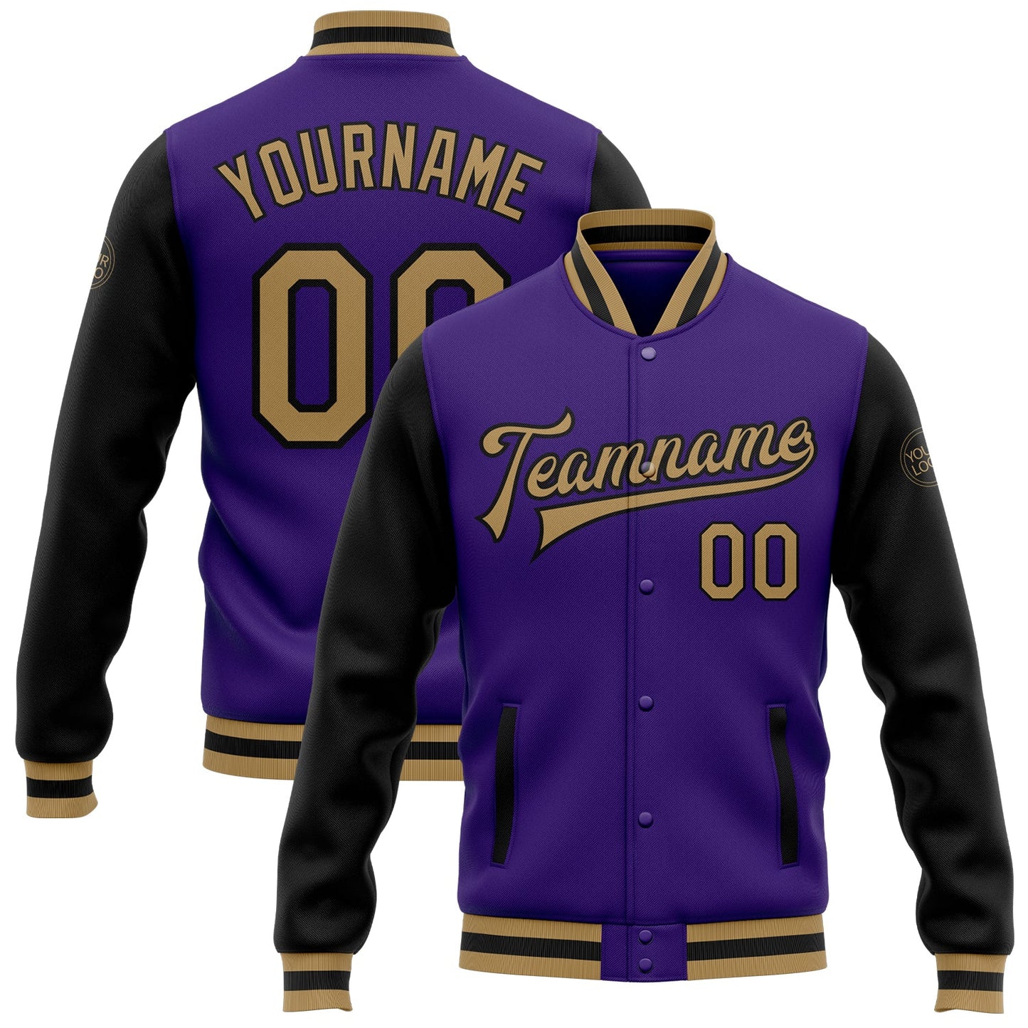 Custom Purple Old Gold-Black Bomber Full-Snap Varsity Letterman Two Tone Jacket - Main View
