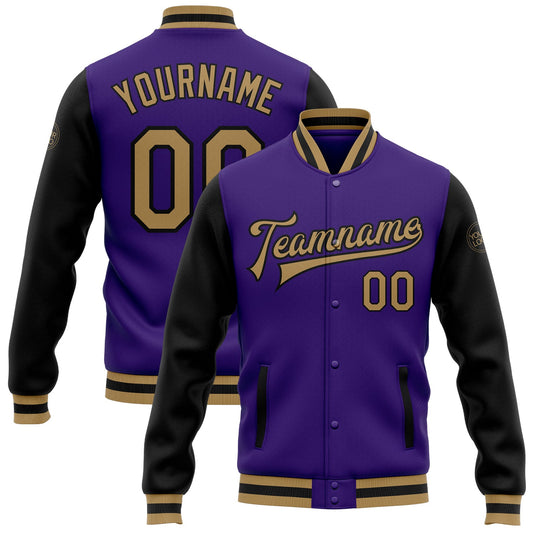 Custom Purple Old Gold-Black Bomber Full-Snap Varsity Letterman Two Tone Jacket - Main View