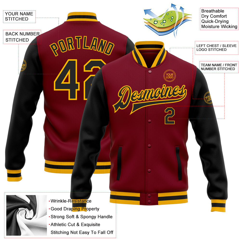 Custom Crimson Black-Gold Bomber Full-Snap Varsity Letterman Two Tone Jacket view 5