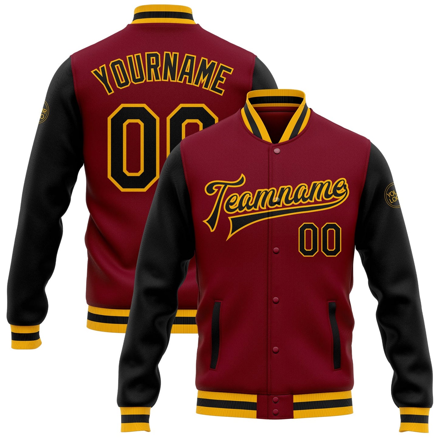 Custom Crimson Black-Gold Bomber Full-Snap Varsity Letterman Two Tone Jacket - Main View