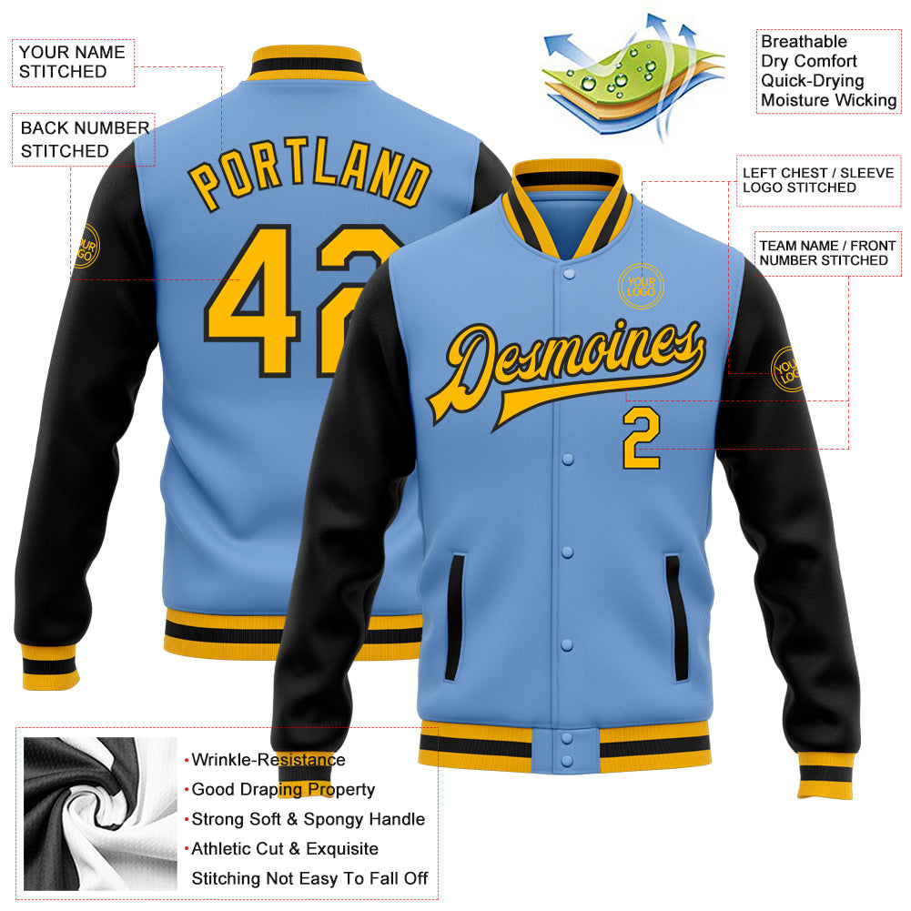 Custom Light Blue Gold-Black Bomber Full-Snap Varsity Letterman Two Tone Jacket view 5