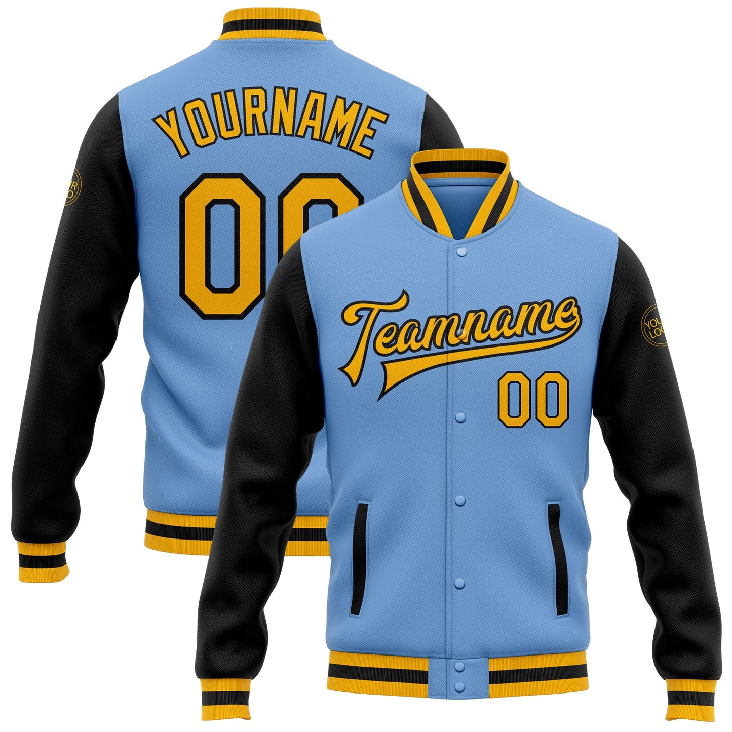 Custom Light Blue Gold-Black Bomber Full-Snap Varsity Letterman Two Tone Jacket - Main View
