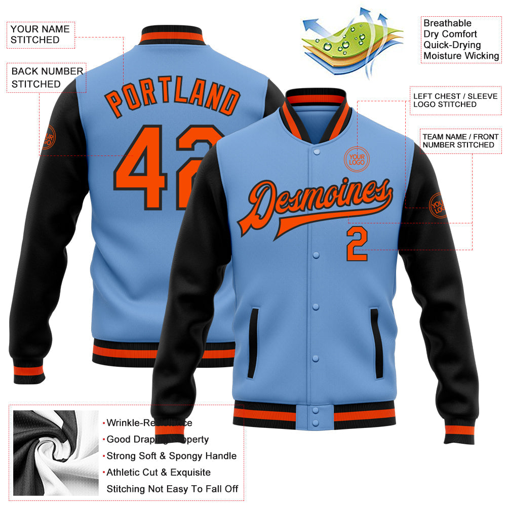 Custom Light Blue Orange-Black Bomber Full-Snap Varsity Letterman Two Tone Jacket view 5