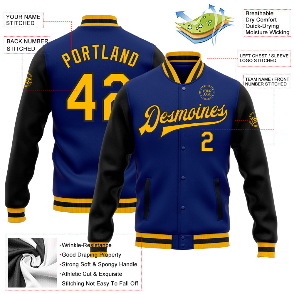 Custom Royal Gold-Black Bomber Full-Snap Varsity Letterman Two Tone Jacket view 5