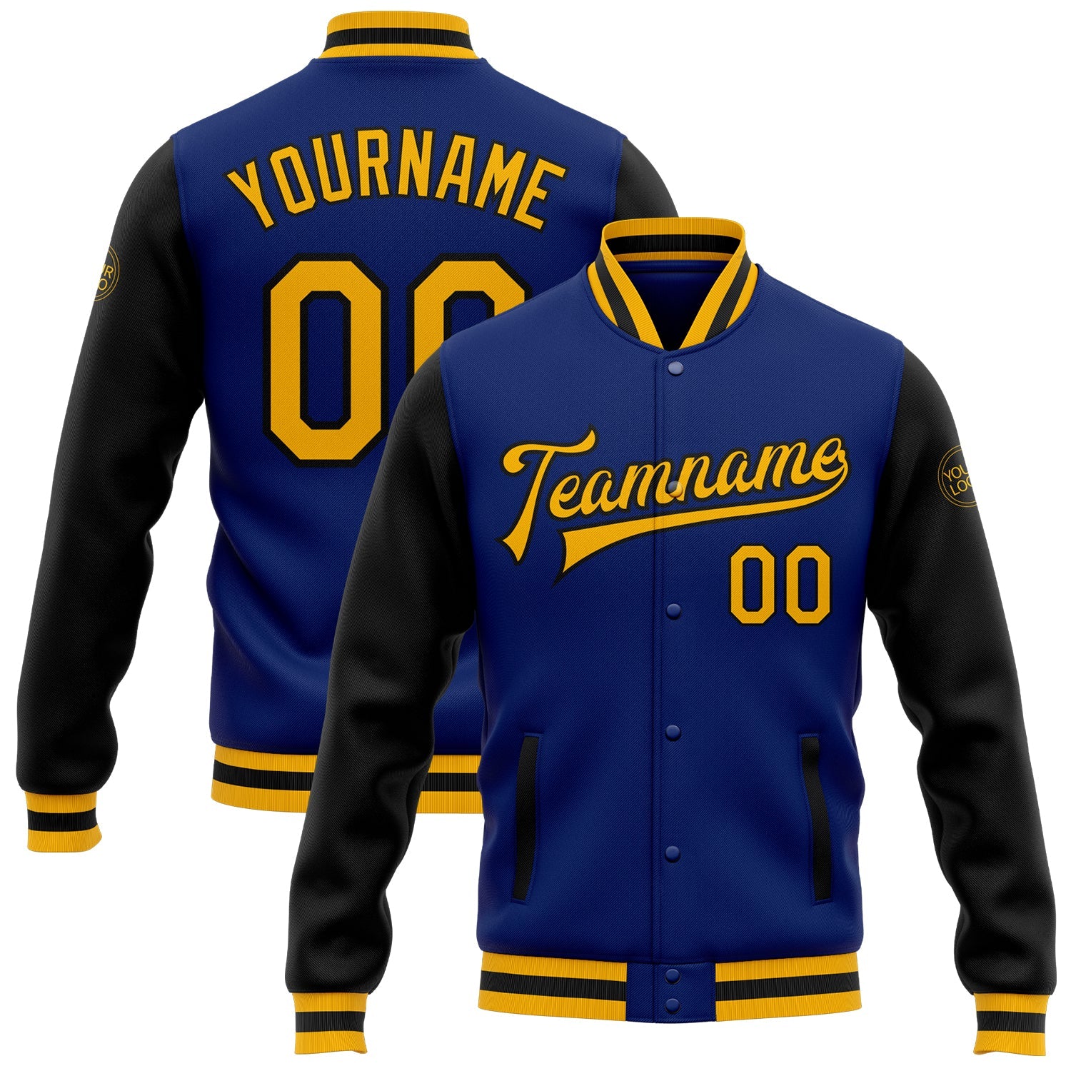 Custom Royal Gold-Black Bomber Full-Snap Varsity Letterman Two Tone Jacket - Main View