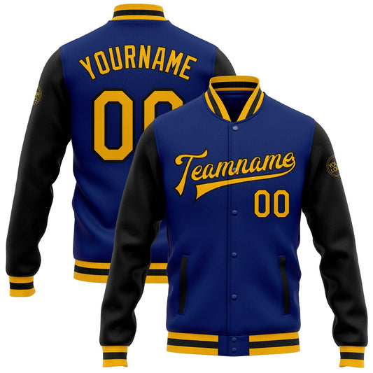 Custom Royal Gold-Black Bomber Full-Snap Varsity Letterman Two Tone Jacket - Main View