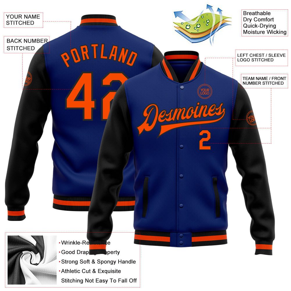 Custom Royal Orange-Black Bomber Full-Snap Varsity Letterman Two Tone Jacket view 5