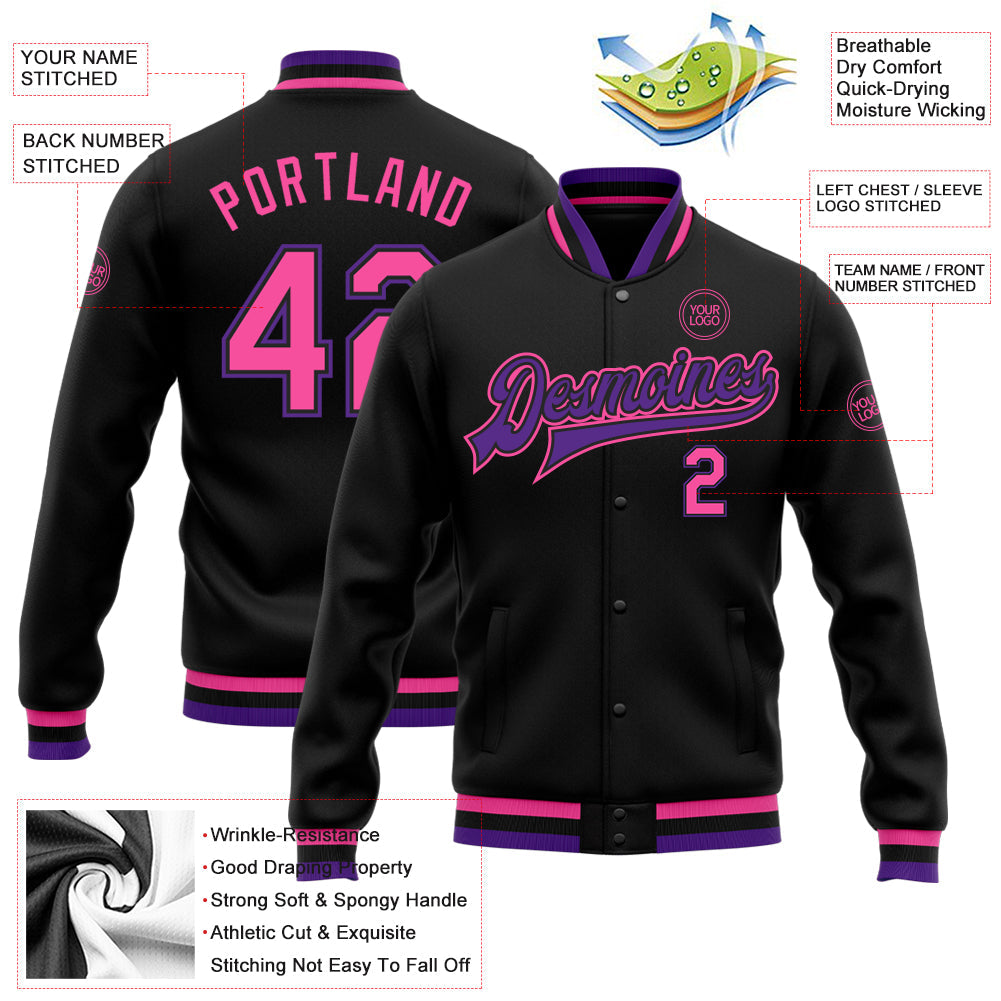 Custom Black Pink-Purple Bomber Full-Snap Varsity Letterman Jacket view 5