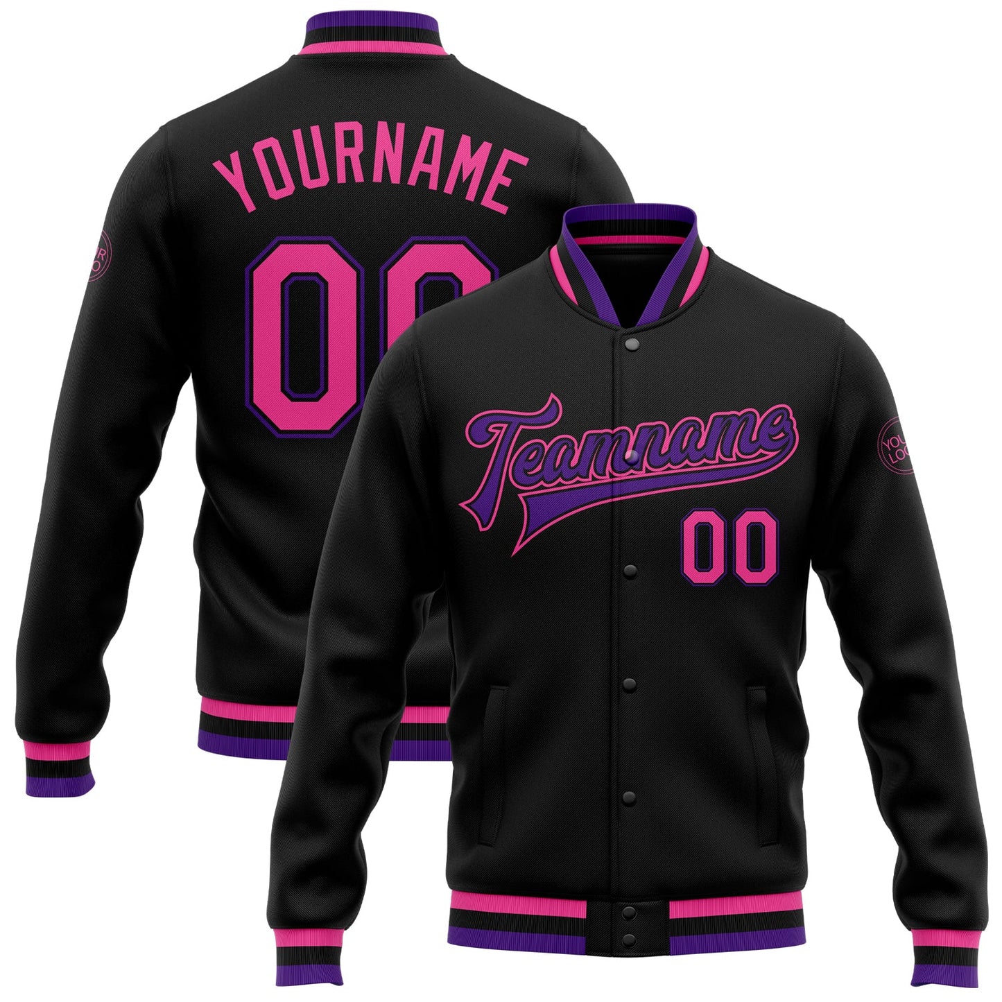 Custom Black Pink-Purple Bomber Full-Snap Varsity Letterman Jacket - Main View