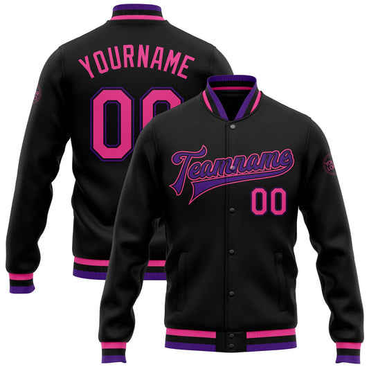 Custom Black Pink-Purple Bomber Full-Snap Varsity Letterman Jacket - Main View