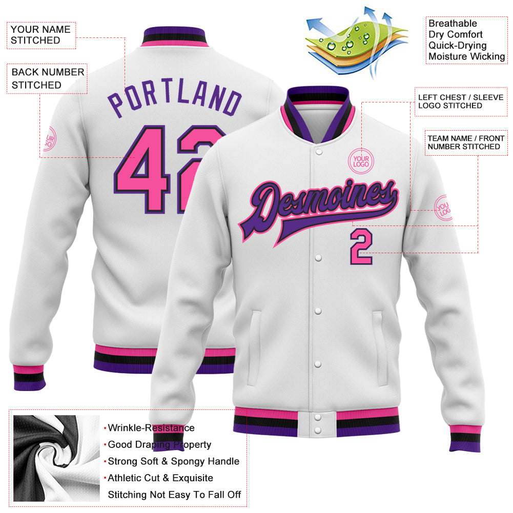 Custom White Pink Black-Purple Bomber Full-Snap Varsity Letterman Jacket view 5