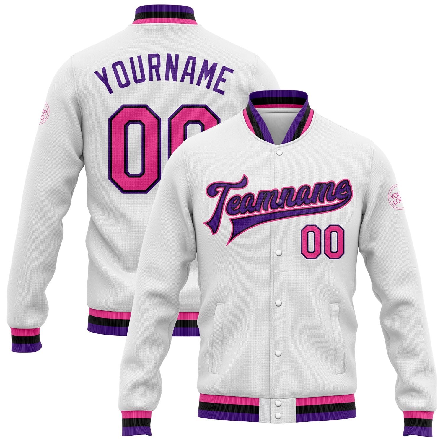 Custom White Pink Black-Purple Bomber Full-Snap Varsity Letterman Jacket - Main View