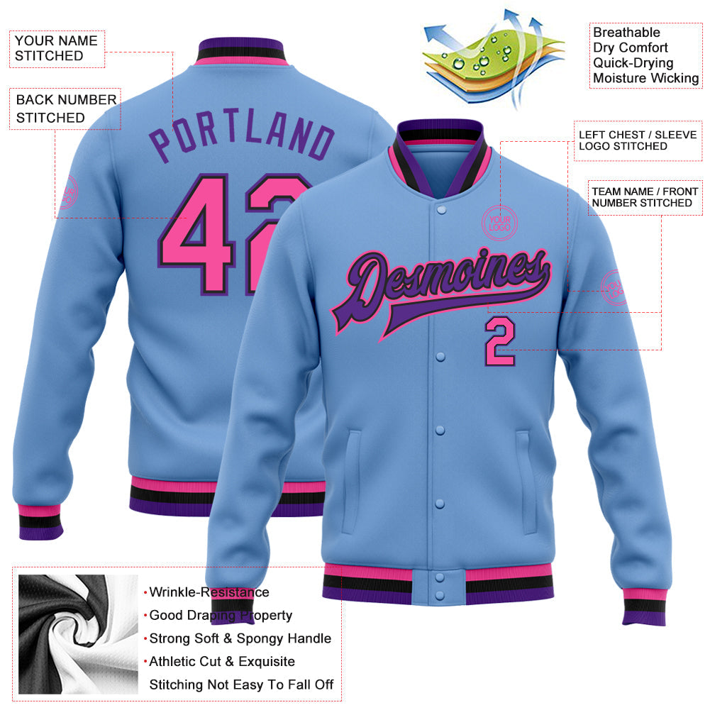 Custom Light Blue Pink Black-Purple Bomber Full-Snap Varsity Letterman Jacket view 5