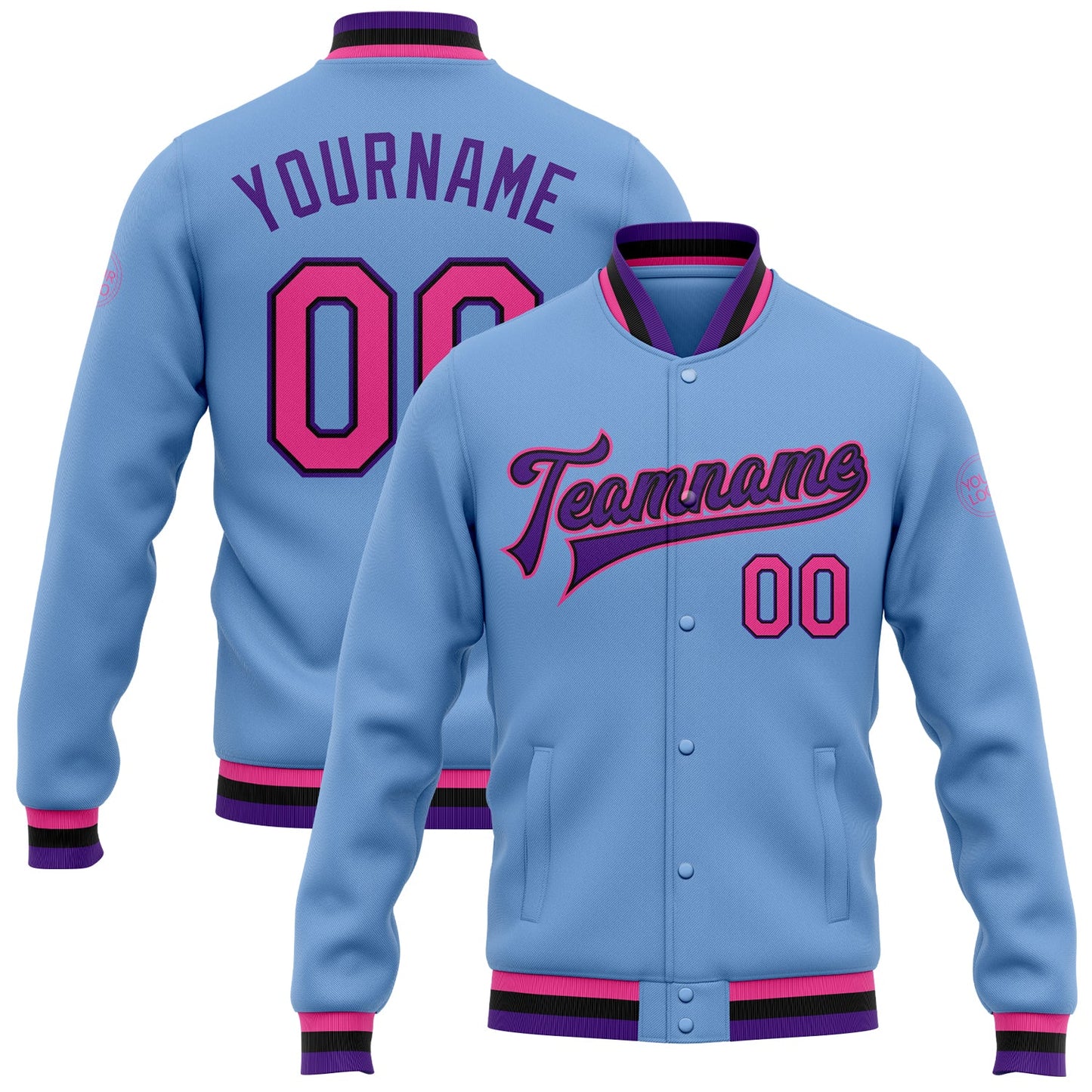 Custom Light Blue Pink Black-Purple Bomber Full-Snap Varsity Letterman Jacket - Main View