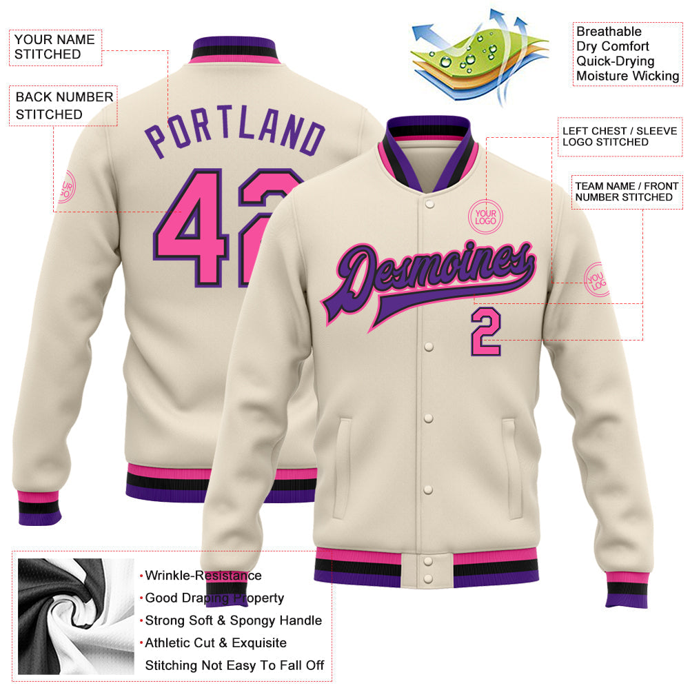 Custom Cream Pink Black-Purple Bomber Full-Snap Varsity Letterman Jacket view 5