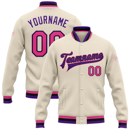 Custom Cream Pink Black-Purple Bomber Full-Snap Varsity Letterman Jacket - Main View