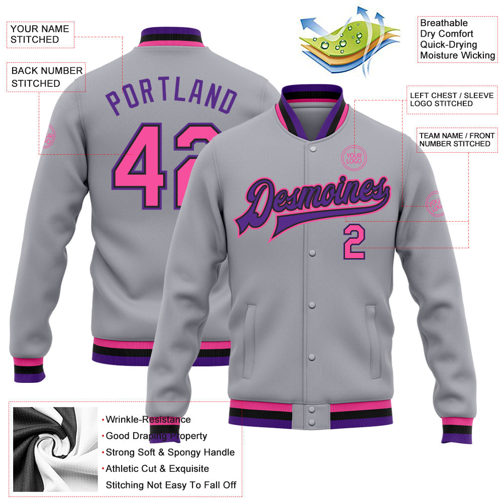 Custom Gray Pink Black-Purple Bomber Full-Snap Varsity Letterman Jacket view 5