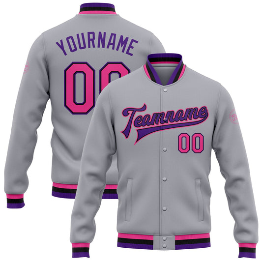Custom Gray Pink Black-Purple Bomber Full-Snap Varsity Letterman Jacket - Main View