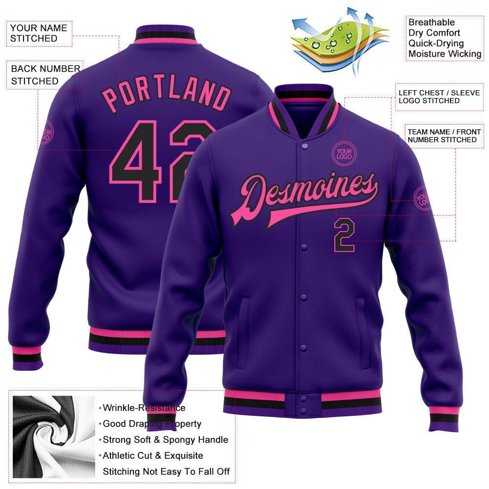 Custom Purple Black-Pink Bomber Full-Snap Varsity Letterman Jacket view 5